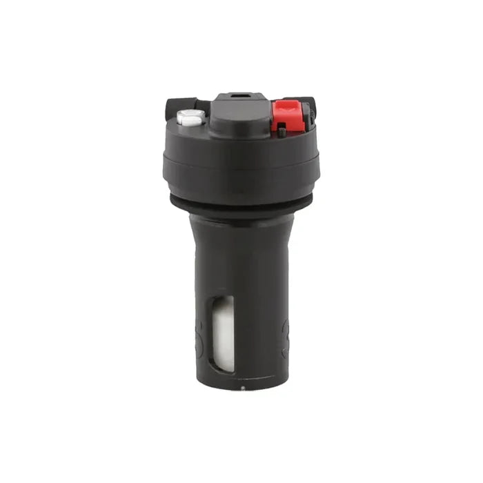 Black industrial Centurion valve with red and white components, isolated on white background