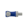 Blue plastic female connector with ribbed hose barb for power or battery systems