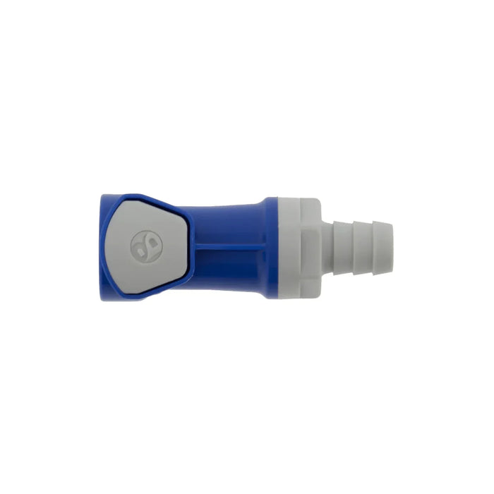 Blue plastic female connector with ribbed hose barb for power or battery systems
