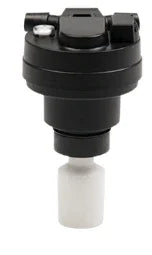 Black industrial valve with cylindrical filter, used in facility power systems