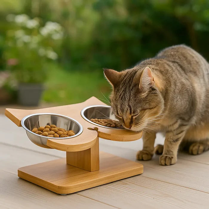 Cat Bowl made of Bamboo | Elevated Double Bowl with Incline