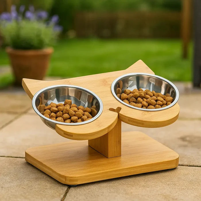 Cat Bowl made of Bamboo | Elevated Double Bowl with Incline