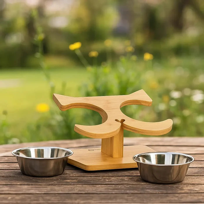 Cat Bowl made of Bamboo | Elevated Double Bowl with Incline