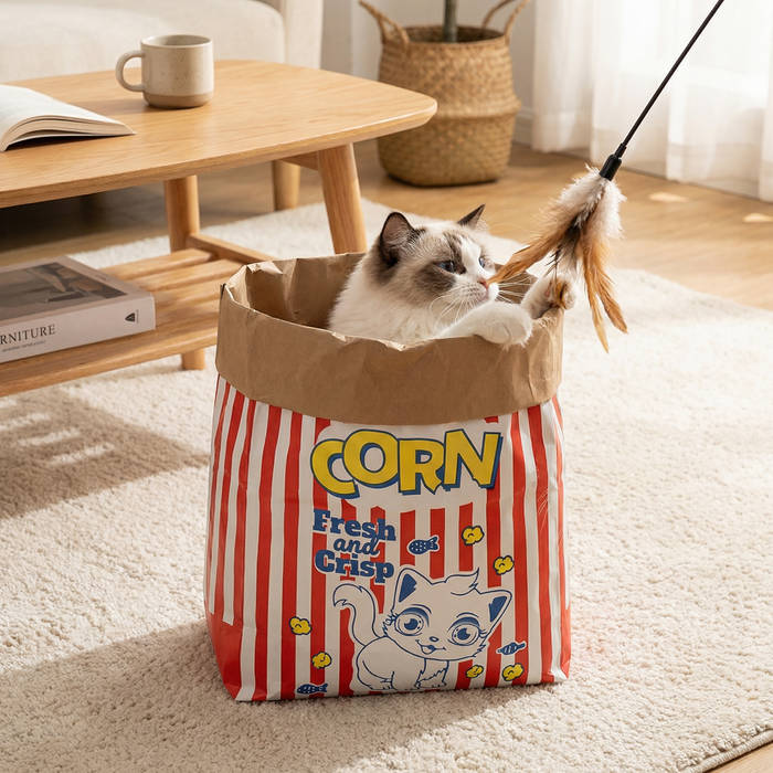 Cat Cardboard Popcorn Hideaway – Cozy Sleep & Play House for Cats