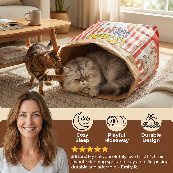 Cat Cardboard Popcorn Hideaway – Cozy Sleep & Play House for Cats