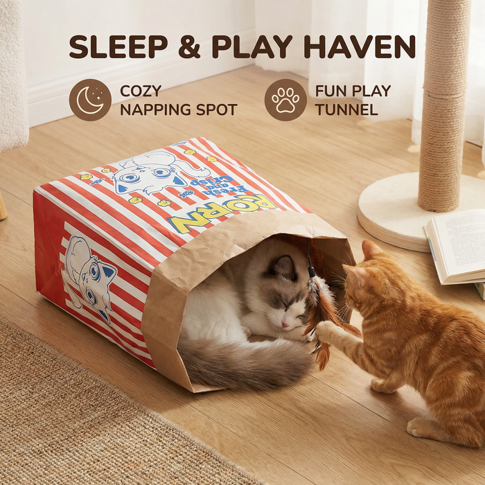 Cat Cardboard Popcorn Hideaway – Cozy Sleep & Play House for Cats