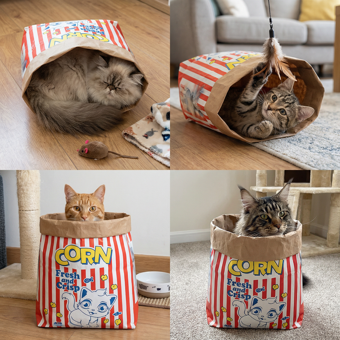 Cat Cardboard Popcorn Hideaway – Cozy Sleep & Play House for Cats