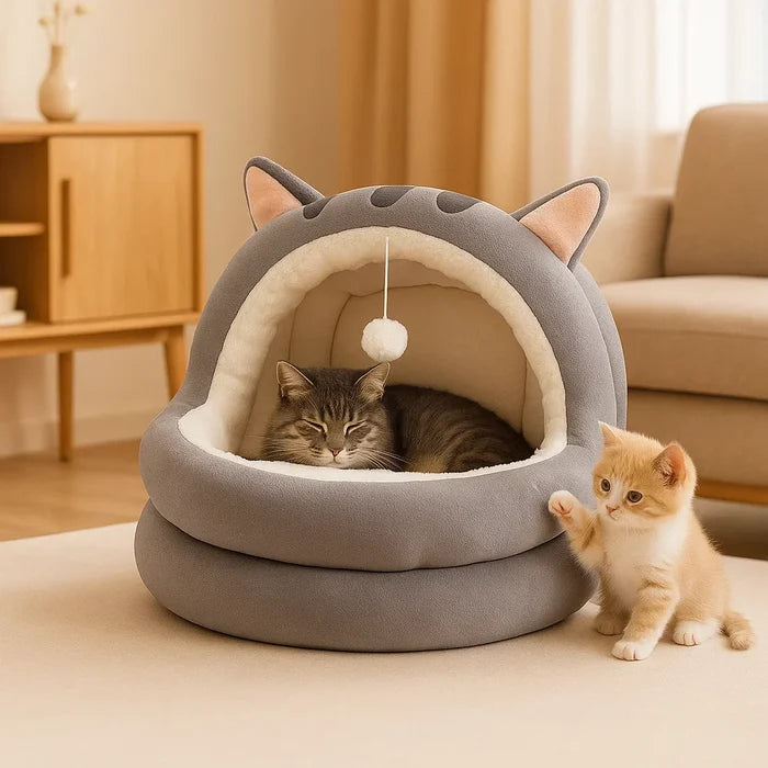 Cat Cave Bed | Warm Yurt-Style Hideaway with Soft Cushion