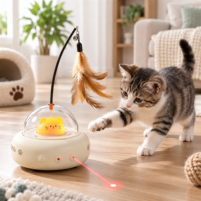 Cat UFO Laser Toy – Interactive Feather Chaser & Indoor Play Toy