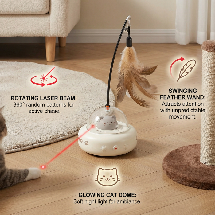 Cat UFO Laser Toy – Interactive Feather Chaser & Indoor Play Toy