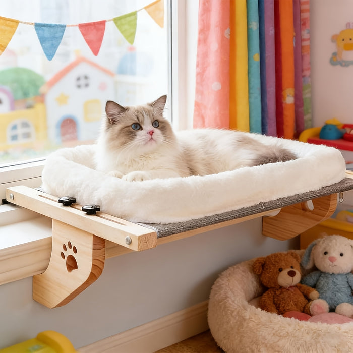Cat Window Perch Hammock – Adjustable Wooden Window Seat for Cats