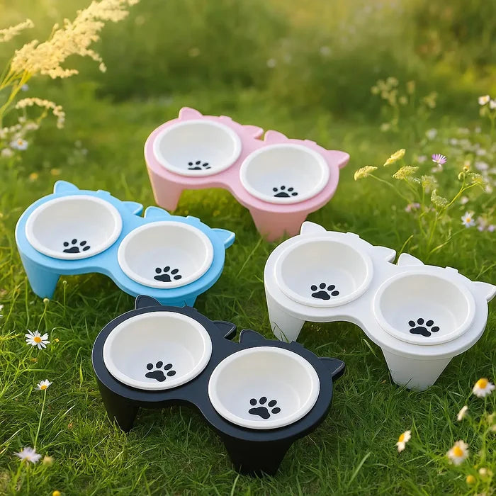 Ceramic Elevated Cat Bowls Set – Double Cat Feeding Bowls with Non Slip Stand
