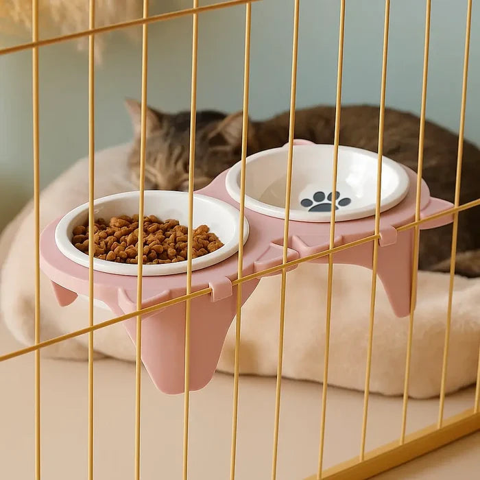 Ceramic Elevated Cat Bowls Set – Double Cat Feeding Bowls with Non Slip Stand