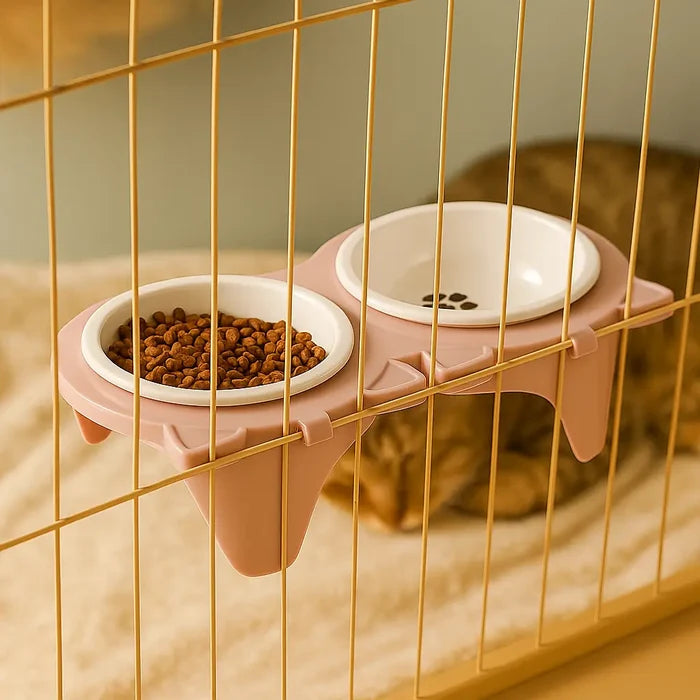 Ceramic Elevated Cat Bowls Set – Double Cat Feeding Bowls with Non Slip Stand