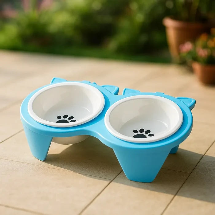 Ceramic Elevated Cat Bowls Set – Double Cat Feeding Bowls with Non Slip Stand