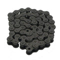 Close-up of a black steel roller drive chain for industrial power transmission