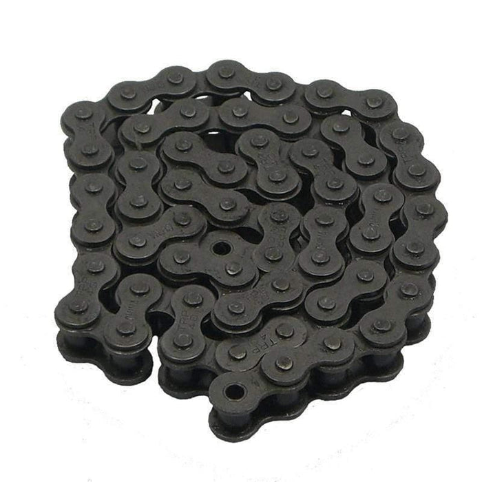 Close-up of a black steel roller drive chain for industrial power transmission