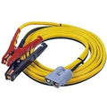 Yellow booster cable with clamp connectors and gray plug, used for power transfer