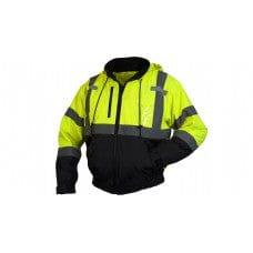 Class 3 hi-vis bomber jacket with yellow and black design and reflective safety stripes
