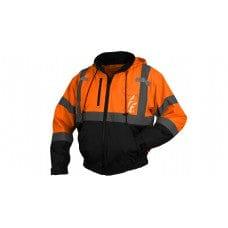 Class 3 hi-vis orange and black bomber jacket with reflective safety stripes