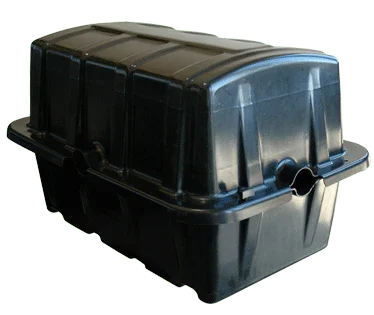 black commercial battery box with ribbed lid for power equipment storage