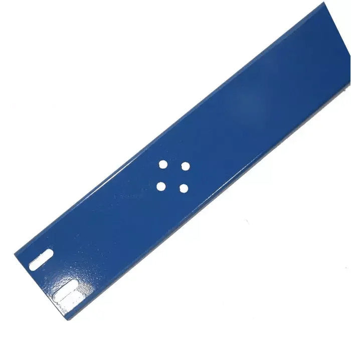 Blue metal connector mounting plate with four central holes and two slotted ends
