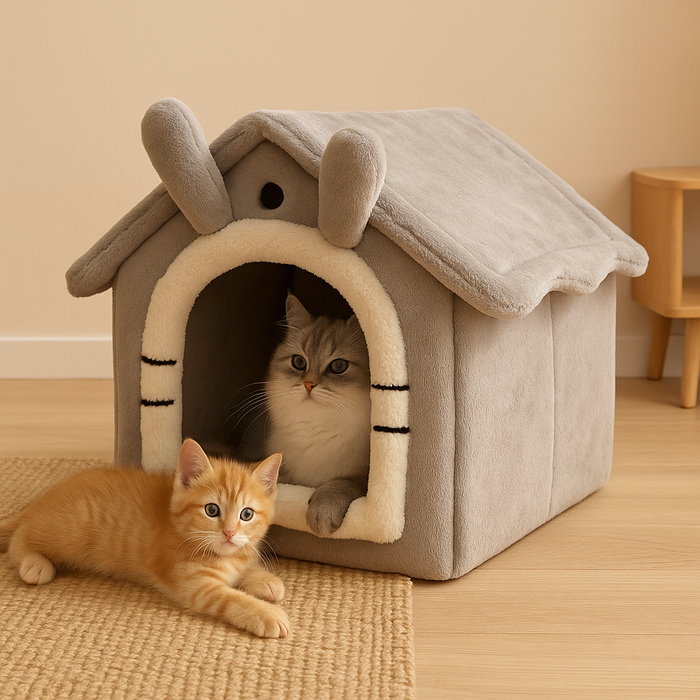 CozyCat Flannel House | Warm Indoor Cat Bed with Soft Cushion & Foldable Design