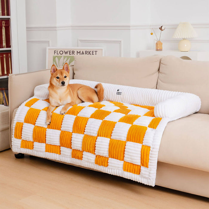Cream Square Plaid Cozy Dog Mat | Plush Furniture Protector Cover