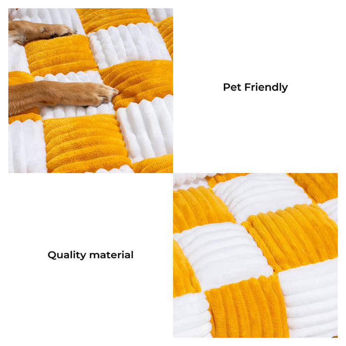 Cream Square Plaid Cozy Dog Mat | Plush Furniture Protector Cover