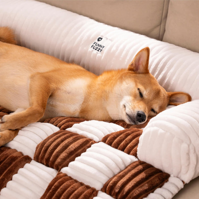 Cream Square Plaid Cozy Dog Mat | Plush Furniture Protector Cover