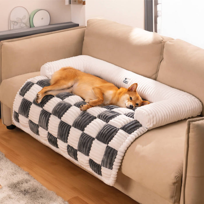 Cream Square Plaid Cozy Dog Mat | Plush Furniture Protector Cover