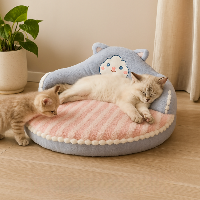 Cute Cat Bed for Kittens | Soft Plush Sofa with Memory Foam Cushion & Washable Cover