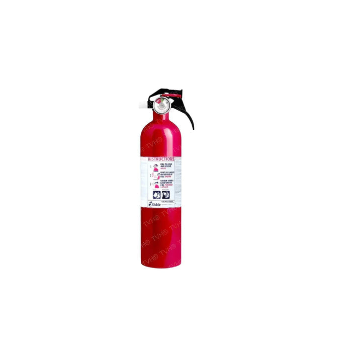 Red disposable fire extinguisher with nozzle and instruction label on white background