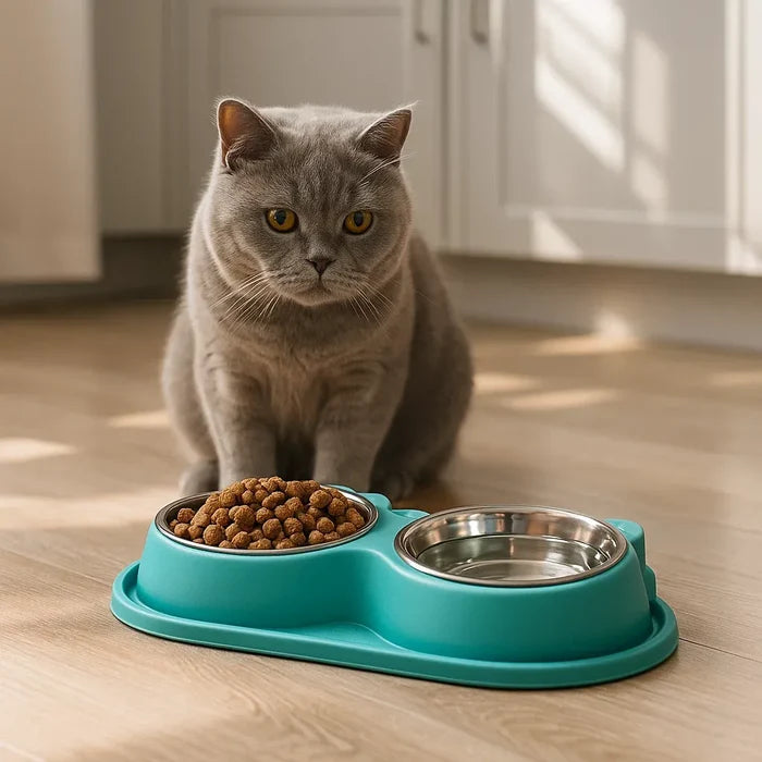 Double Cat Bowl with Water Dispenser – Non Slip Cat Feeding Station