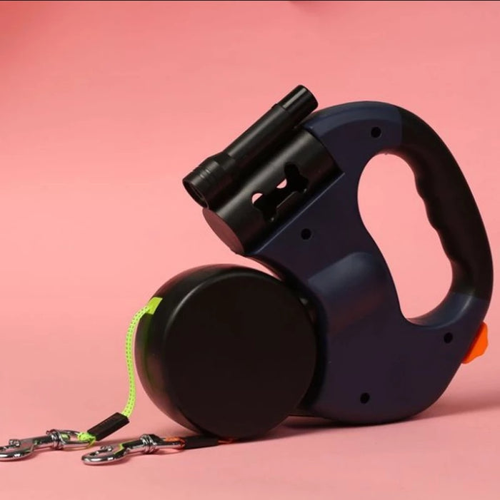 Dual-Headed Pet Leash with Flashlight, Waste Bag Box, and Retractable Rope