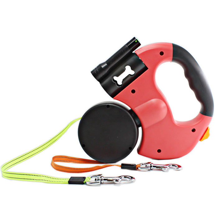 Dual-Headed Pet Leash with Flashlight, Waste Bag Box, and Retractable Rope