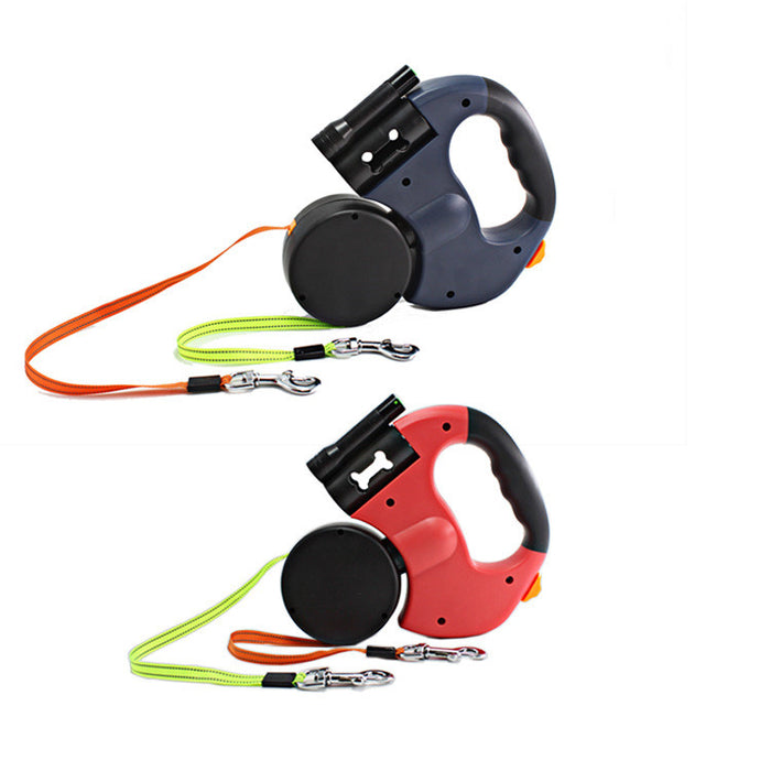 Dual-Headed Pet Leash with Flashlight, Waste Bag Box, and Retractable Rope