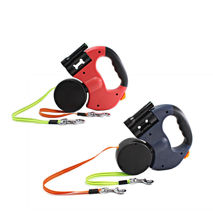 Dual-Headed Pet Leash with Flashlight, Waste Bag Box, and Retractable Rope