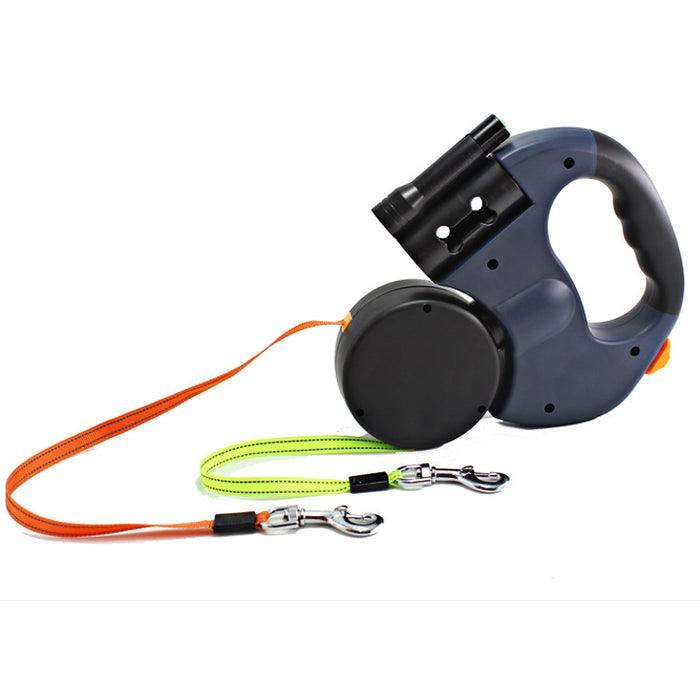 Dual-Headed Pet Leash with Flashlight, Waste Bag Box, and Retractable Rope
