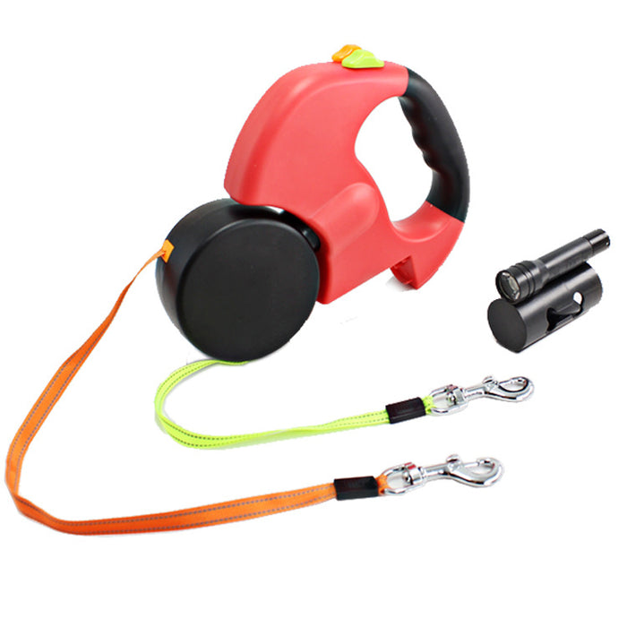 Dual-Headed Pet Leash with Flashlight, Waste Bag Box, and Retractable Rope