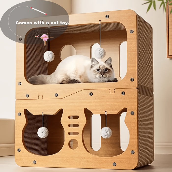Durable Cat Scratching House & Bed with Feather Wand Toy – Cardboard Cat Hideout