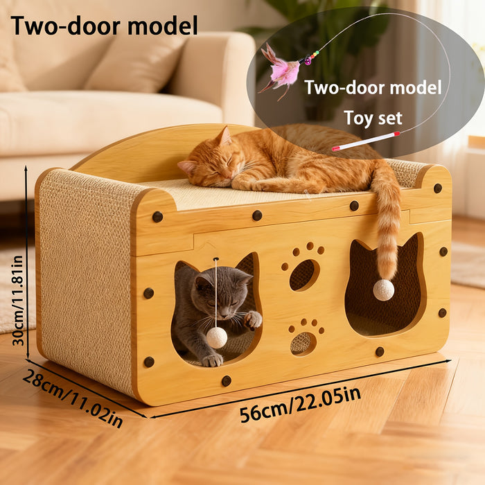 Durable Cat Scratching House & Bed with Feather Wand Toy – Cardboard Cat Hideout