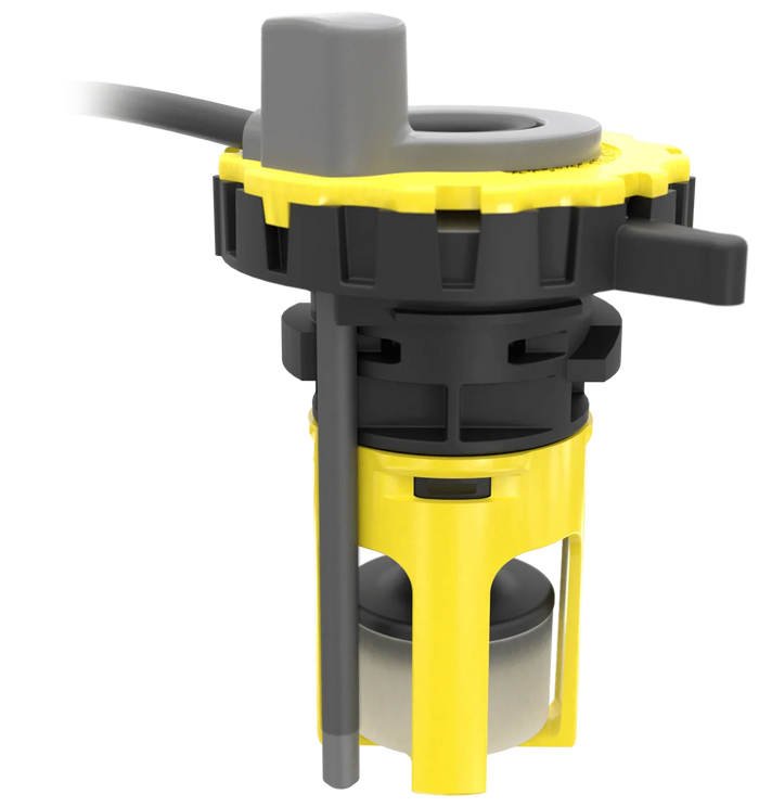 yellow and black liquid level indicator with float and wire for valve monitoring