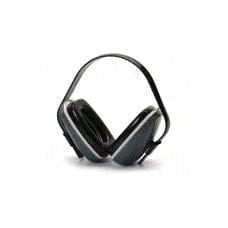 Black industrial ear muffs with padded headband for hearing protection