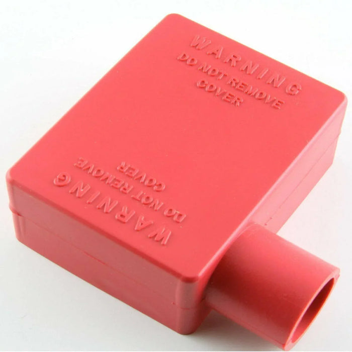 Red elbow terminal protector cover with warning text for battery or power connections
