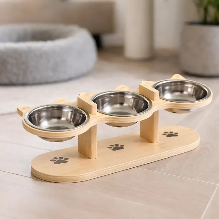 Elevated Cat Bowl with Wooden Stand – Adjustable Cat Feeding Bowl