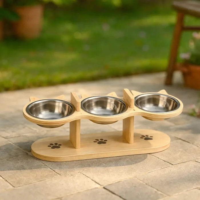 Elevated Cat Bowl with Wooden Stand – Adjustable Cat Feeding Bowl