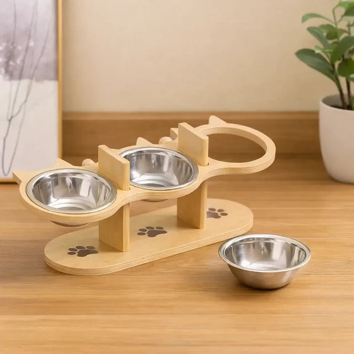 Elevated Cat Bowl with Wooden Stand – Adjustable Cat Feeding Bowl