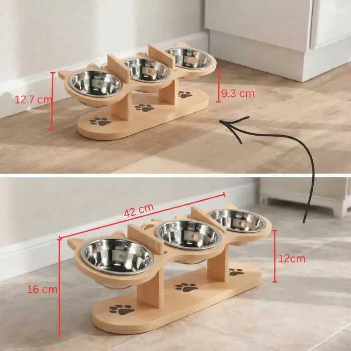 Elevated Cat Bowl with Wooden Stand – Adjustable Cat Feeding Bowl
