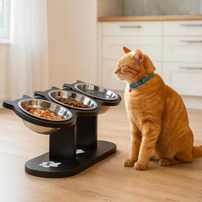 Elevated Cat Bowls with Wooden Stand – Adjustable Tilted Stainless Steel Cat Bowl Set